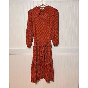 Sweet Salt Button Down Modest Burnt Orange Dress Pockets Geometric 2 Tie Waist